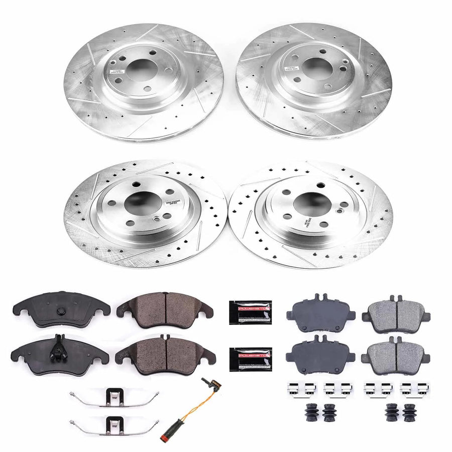 Power Stop K6891 Z23 Carbon Fiber Brake Pads Front and Rear with Drilled & Slotted Brake Rotors Kit and 1 Front Sensor Wire For Mercedes SLC300, Mercedes SLK250, Mercedes SL [Model Specific]