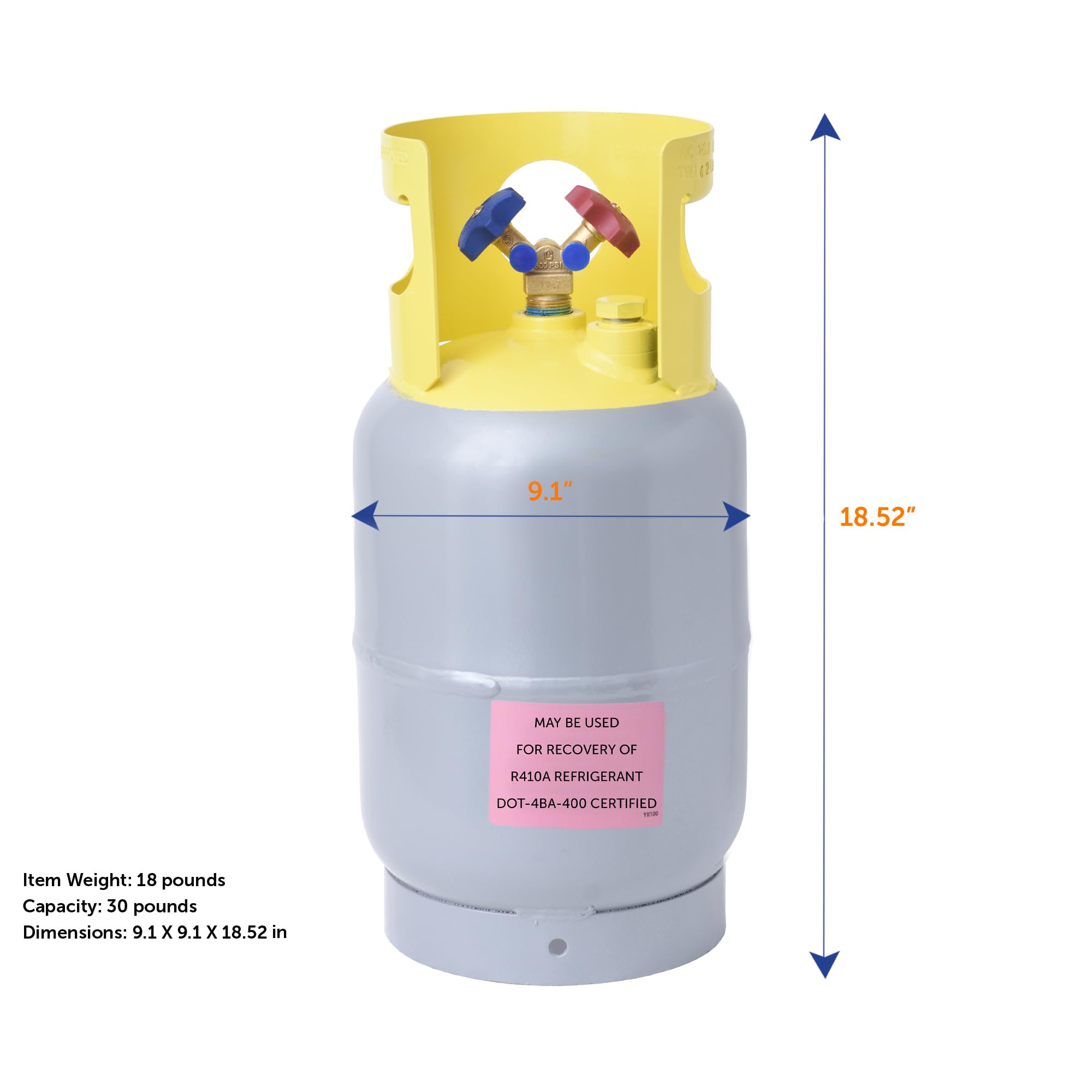 30-LB Pound Flame King Refrigerant Recovery Cylinder Tank, Y-Valve for Liquid/Vapor, Reusable - DOT Compliant - Gray