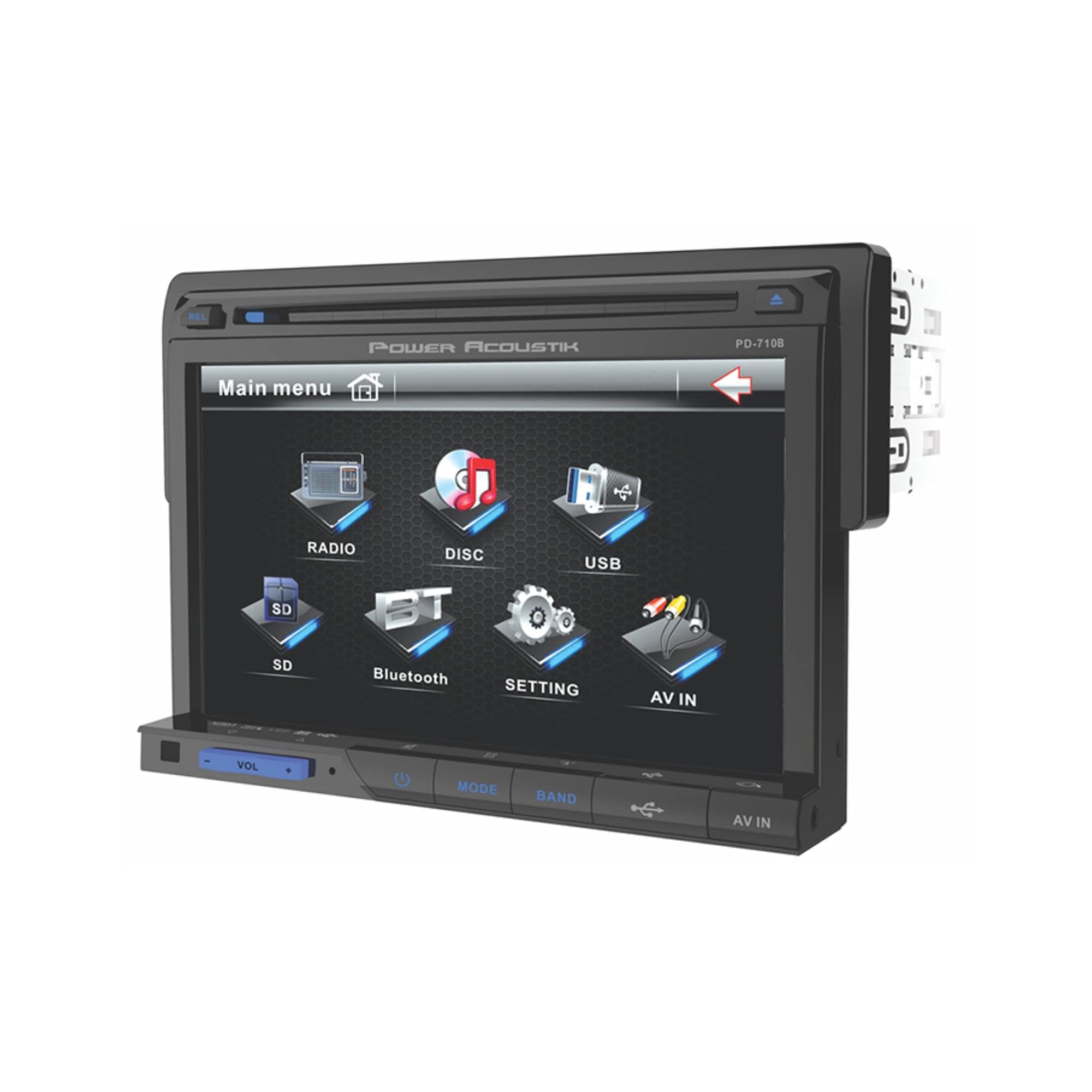 PD-710B Power Acoustik Single-DIN Multimedia Source with Detachable 7-Inch Oversize LCD Touchscreen including Bluetooth 2.0