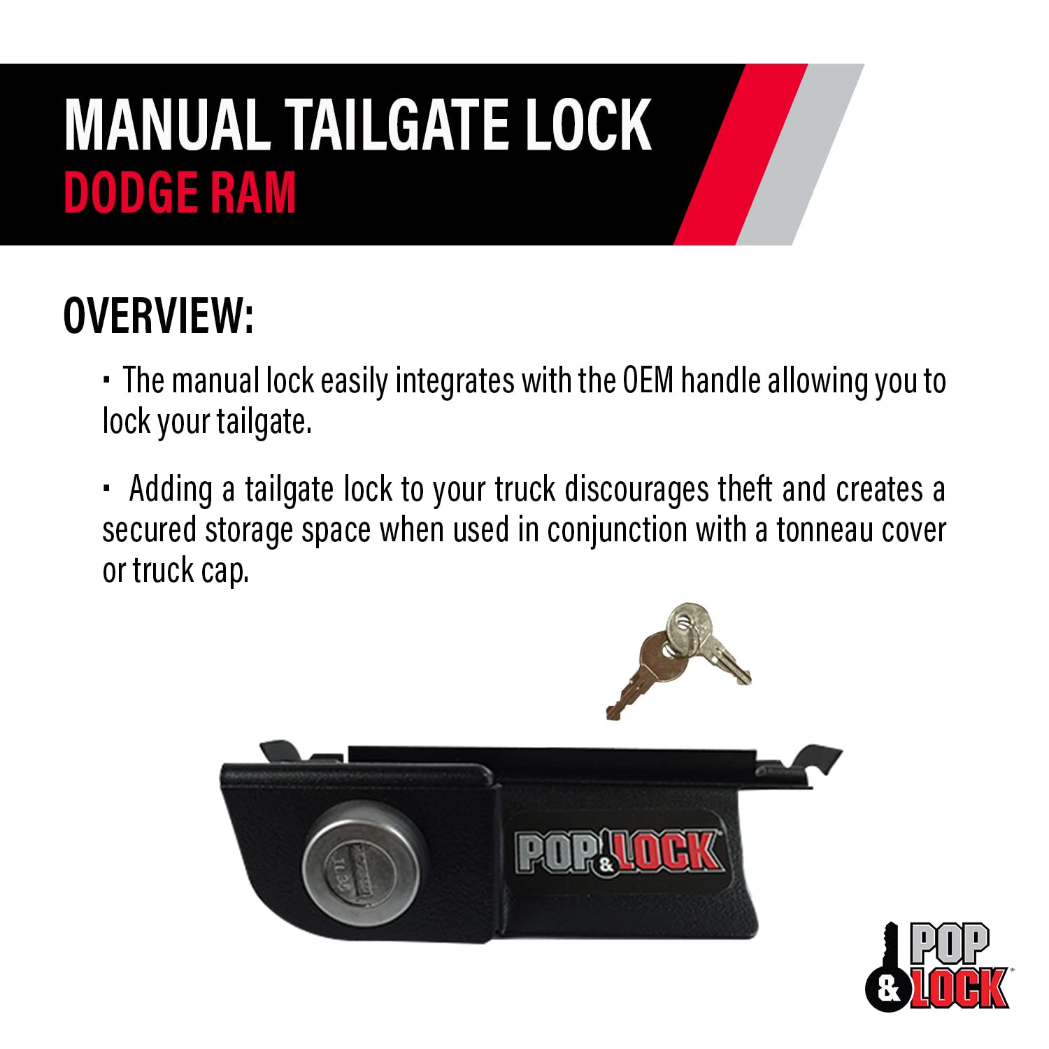 Manual Tailgate Lock – Pop & Lock for Dodge Ram 1500, 2500, and 3500, Fits 2002 to 2008 (Chrome, PL3400C, Works with No Factory Lock)