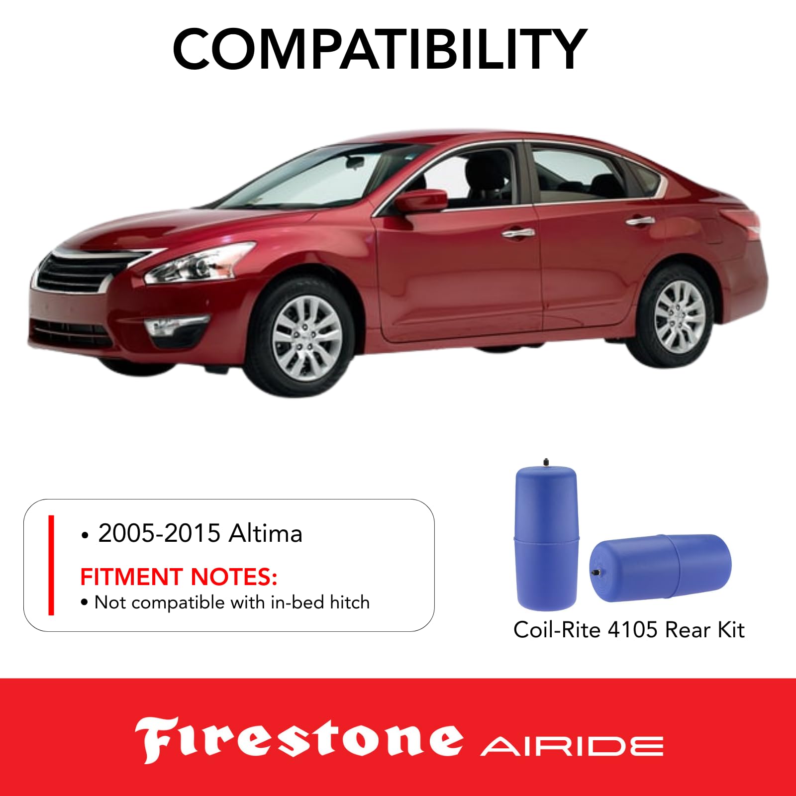 Firestone 4105 Airide Coil-Rite Rear Springs Kit fits 2005-2015 Altima and 2000-2004 Lesabre 4WD | 5-35 PSI | Load Capacity of 1,000 Pounds | No Drill Installation | Made of Elastic Polyurethane