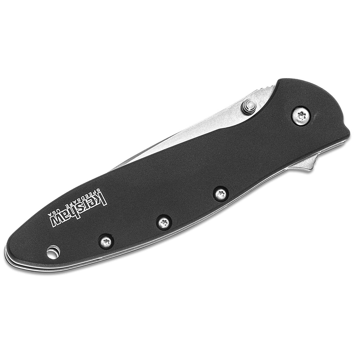Kershaw Leek, Pocket Knife Stonewashed (1660SWBLK) 3 Stonewashed High-Performance Sandvik 14C28N Steel Blade, Black Anodized Aluminum Handle, SpeedSafe Assisted Opening, Liner and Tip Lock; 2.4 OZ