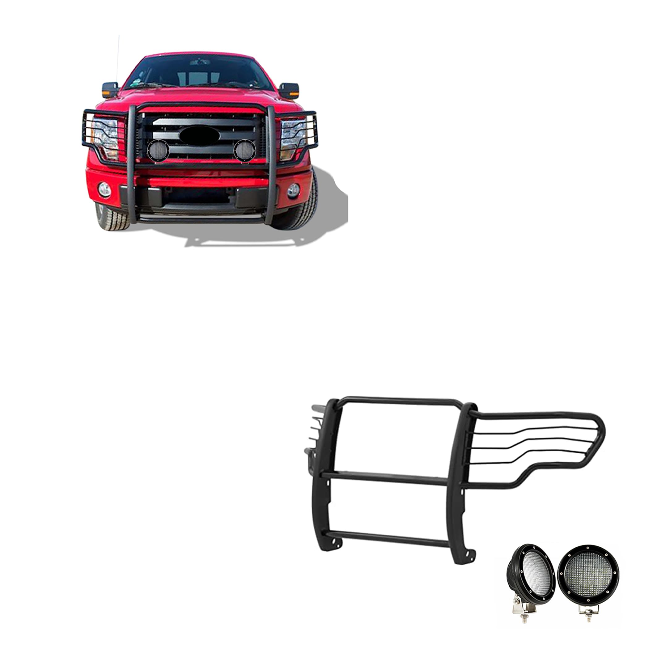 Bumper Guard Modular Black Horse Grille brush Come with Pair of 5.3" Dia.LED Lights with Black Trim Rings Compatible with 2009-2014 Ford F-150-17FP30MA-PLFB