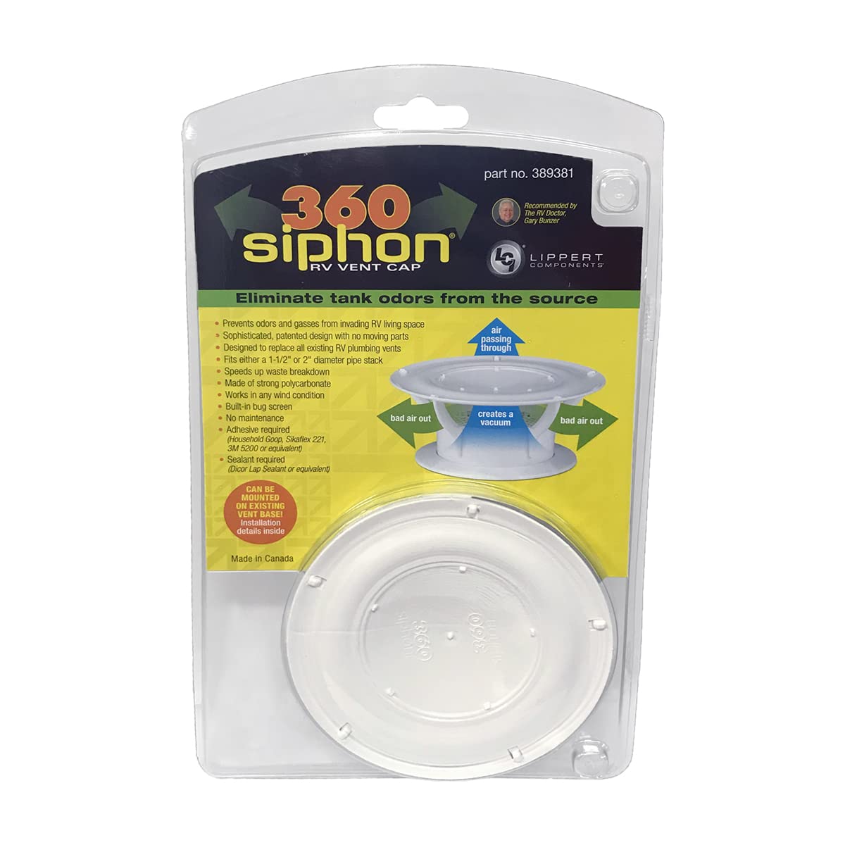 360 Siphon Lippert RV Roof Vent Cap for Odor Prevention with Universal Fit, Built-In Bug Screen, White Polycarbonate - 389381