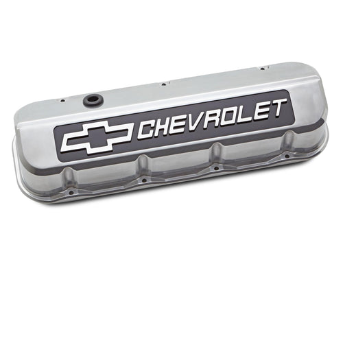 Proform Slant-Edge Valve Cover, Tall, Baffled, Breather Hole, Blackfield Chevrolet Logo, Aluminum, Polished