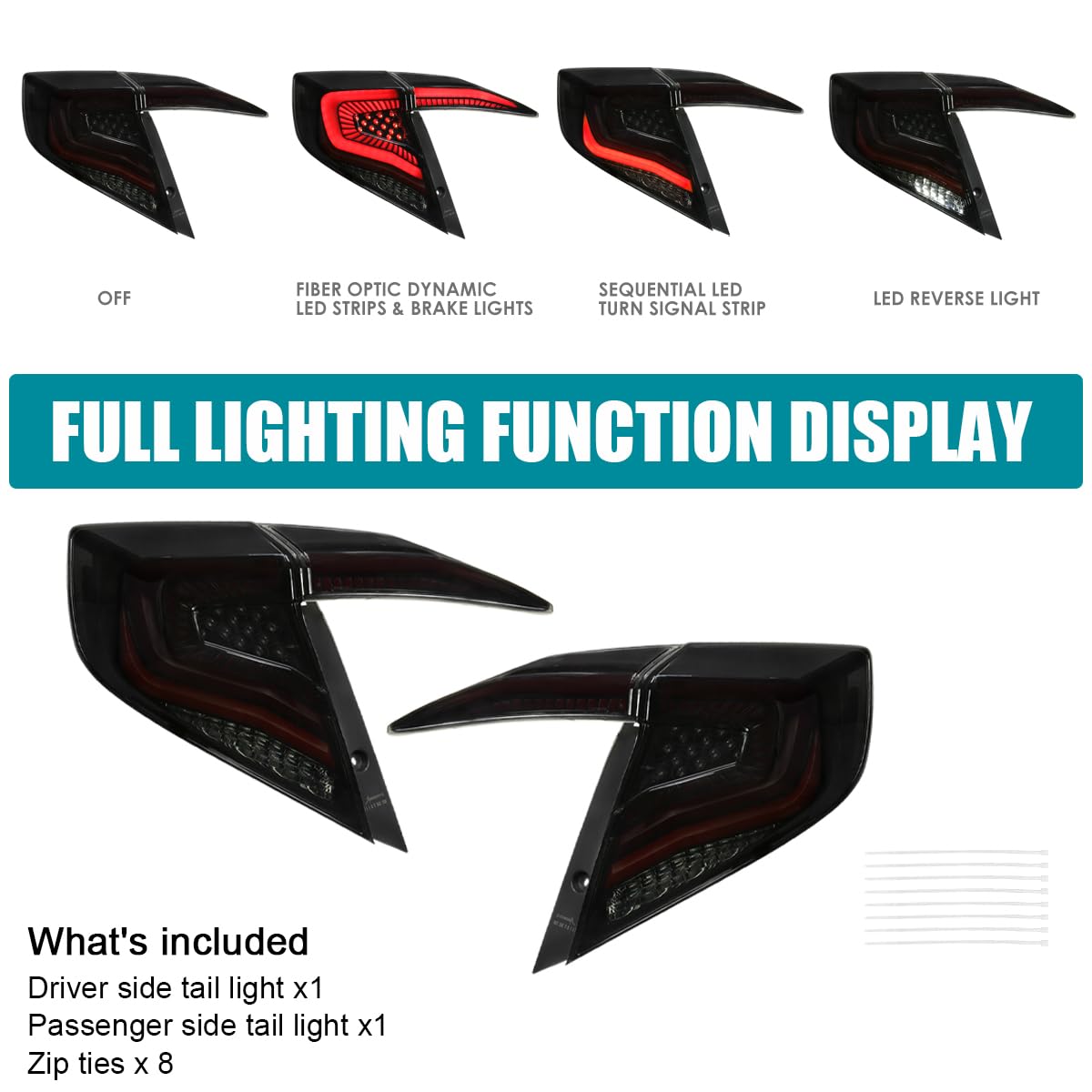 Glossy Black Smoke SPEC-D TUNING Tail Lights w/Red LED Strips, Sequential LED Turn Signal, and Startup Animation Compatible with 2016-2021 Honda Civic 4-Door Sedan, Left + Right Pair Assembly