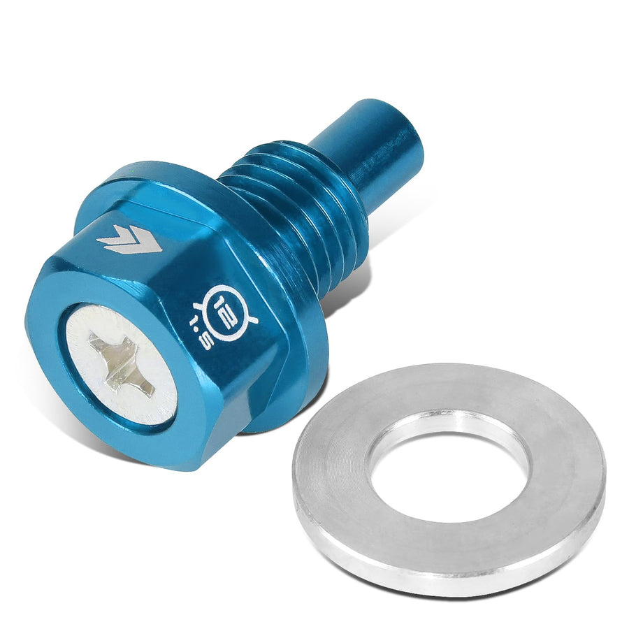 Magnetic Oil Drain Plug NRG Innovations, M12 X 1.5 Thread Size Engine Oil Drain Nut w/Washer, Blue, T-6061 Aluminum w/Stainless Steel Internal Magnet, NRG-NOP-400BL