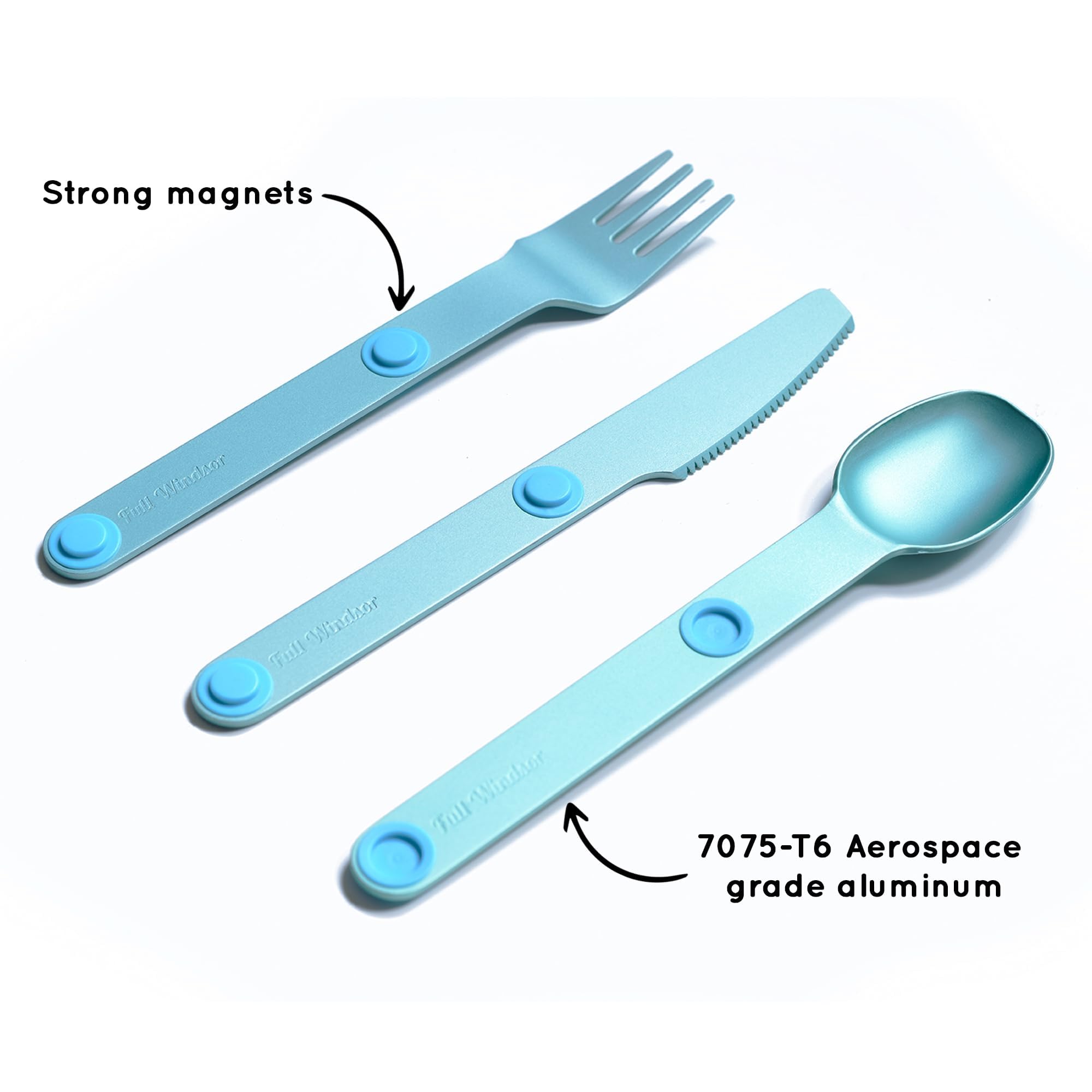 MAGWARE – FULL WINDSOR Magnetic Camping Cutlery Set- Travel Silverware with case, Kids Lunch Box Set, Outdoor Flatware Utensils, Portable Repurposable Essentials Knife, Fork & Spoon- Turquoise (3PCS)