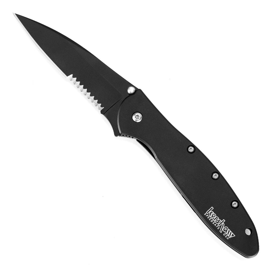 Kershaw Pocket Knife Leek, Black, 3 Inch Stainless Steel Partially Serrated Drop Point Blade, EDC with Assisted Opening, Made in the USA, Reversible Carry, Everyday Carry Pocket Knife for Men & Women