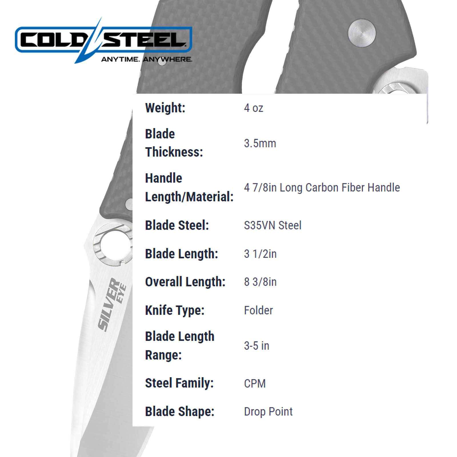 Cold Steel Elite Silver Eye Spear Point 3.5" S35VN Blade 4.875" Carbon Fiber Handle Light Everyday Carry Pocket Folding Knife