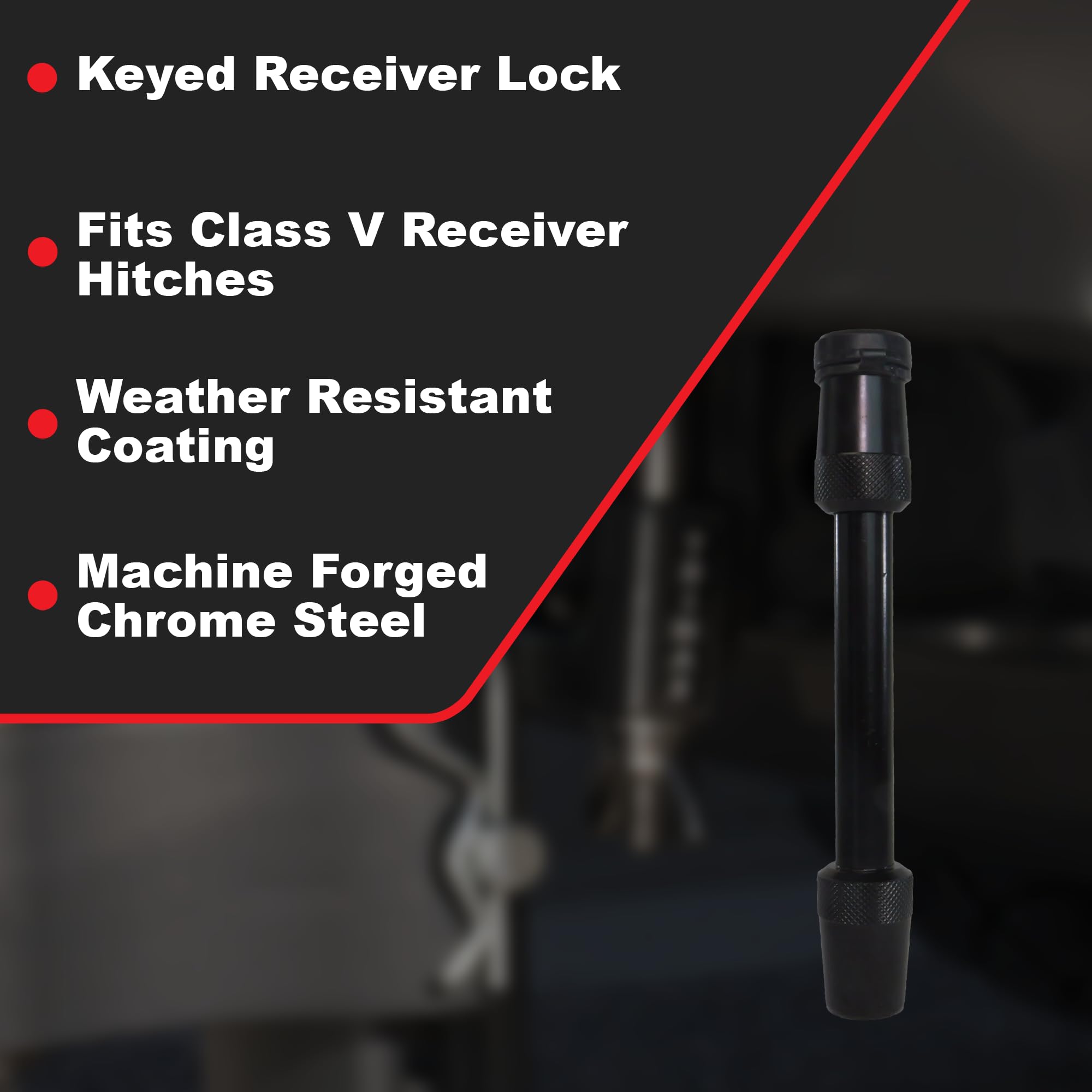 T5Black – Trimax – 5/8" Receiver Lock – 3.5" Span, Fits Class V Hitches, Machine-Forged Chrome Steel, Black Epoxy Coating, Anti-Theft Keyed Lock