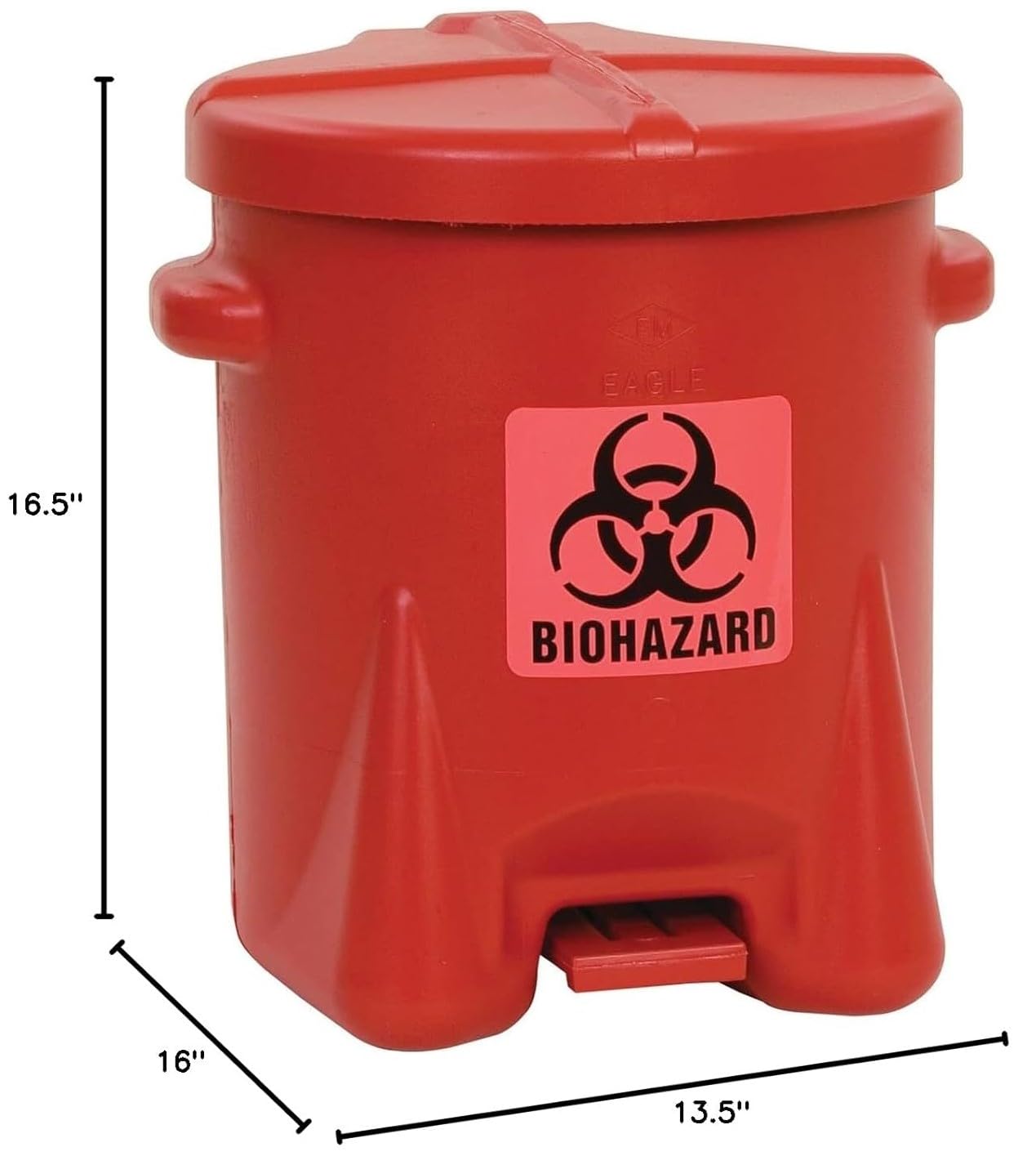 6 Gallon Eagle Biohazard Trash Can with Foot-Operated Self-Closing Lid, 16.5" x 13.5" x 16", Made in The USA from High-Density Polyethylene, Red, 943BIO
