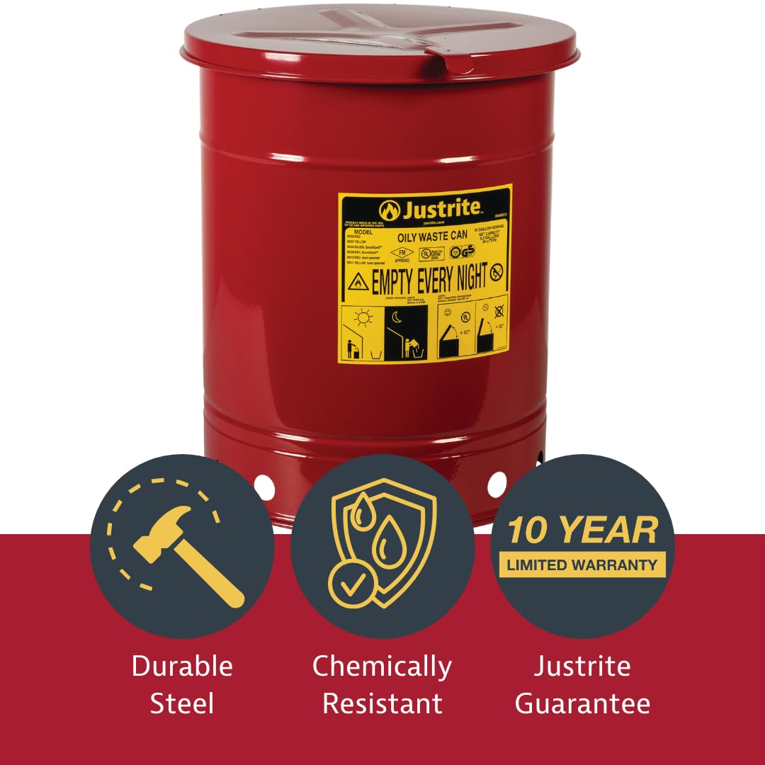 14 Gallon Justrite Galvanized Steel Oily Waste Can, 20" x 16" Metal Oil Rag Safety Can with Hand Operated Self-Closing Lid for Oil Rag Disposal, Made in The USA, Red, 09510