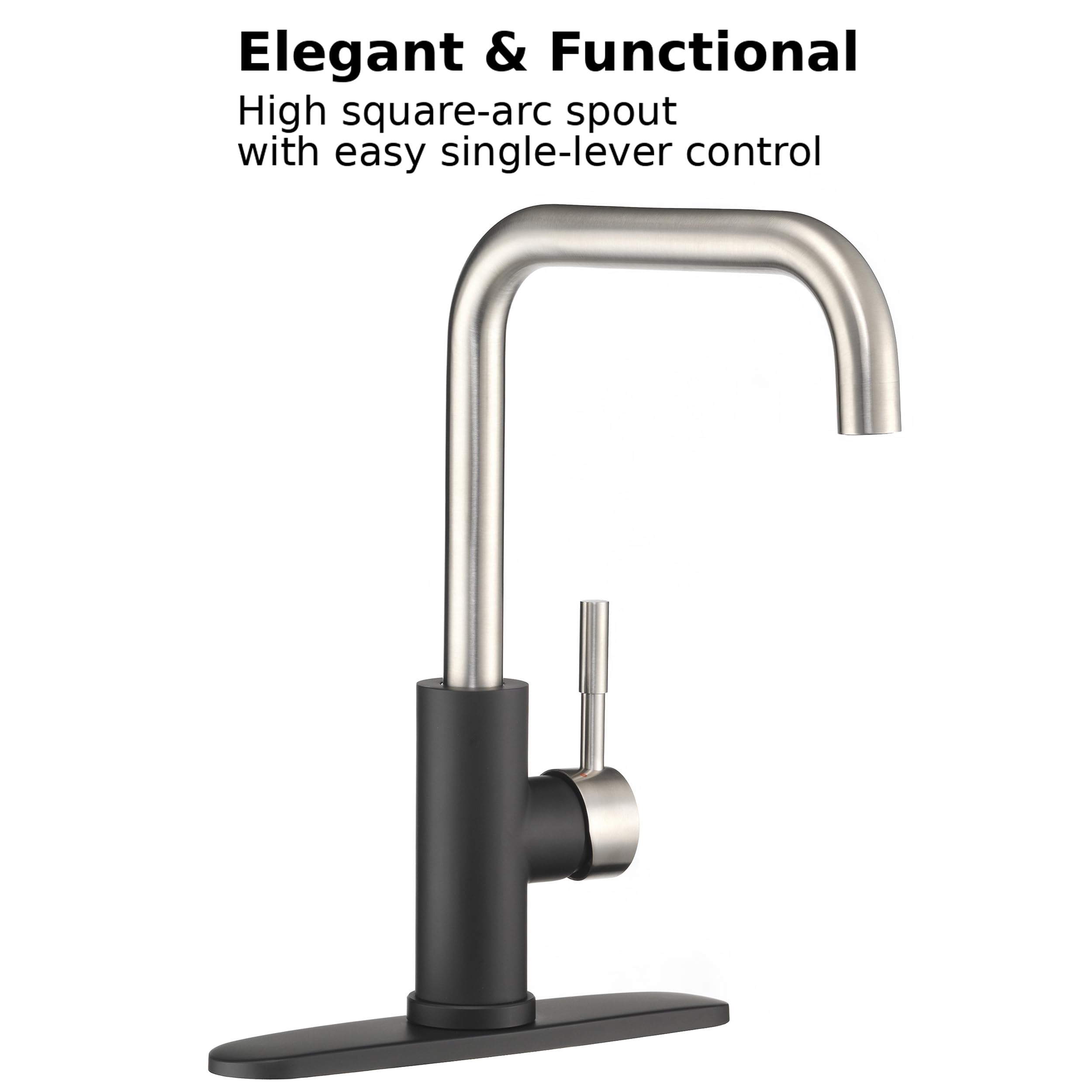 Dura Faucet Squared-Arc RV Single Handle Kitchen Sink Faucet - Optional Deck Plate (Matte Black/Brushed Satin Nickel)