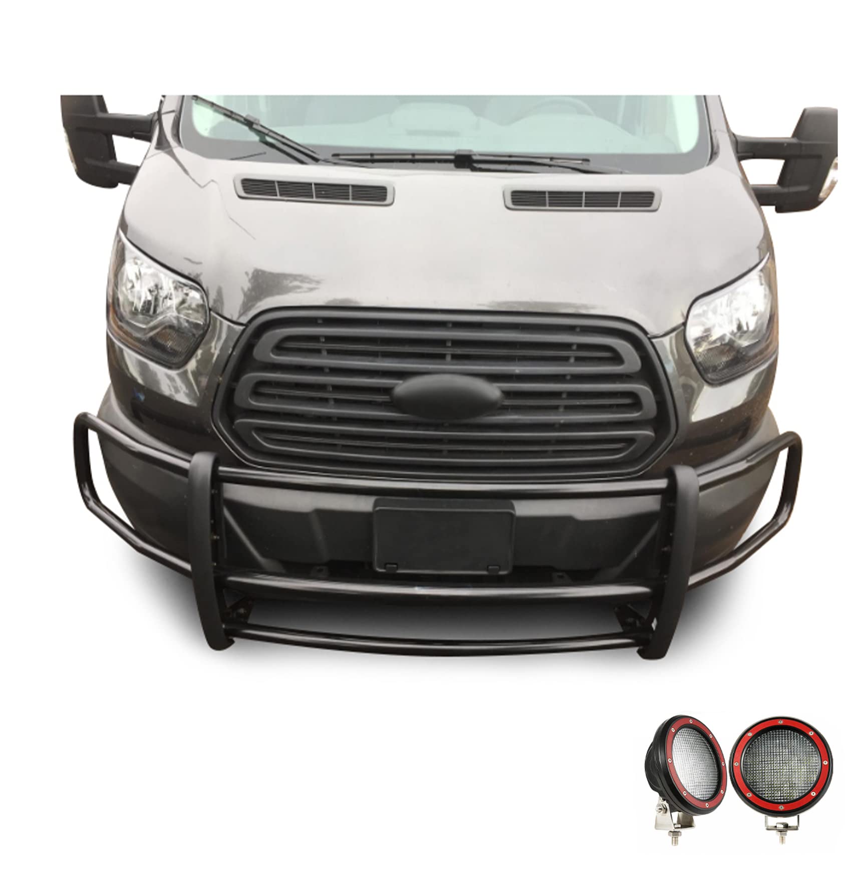 Spartan Black Horse Grille Brush Bumper Guard Modular Come with Pair of 5.3" LED Lights Compatible with 2015-2019 Transit-150|2015-2019 Transit-250|2015-2019 Transit-350-17FOTRMA-PLFR