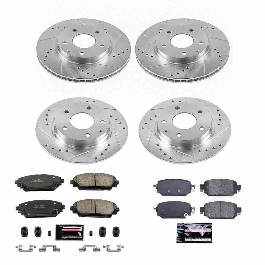 Power Stop K8350 Z23 Carbon Fiber Brake Pads Front and Rear with Drilled & Slotted Brake Rotors Kit For Mazda CX-3 2019-2021 [Model Specific]