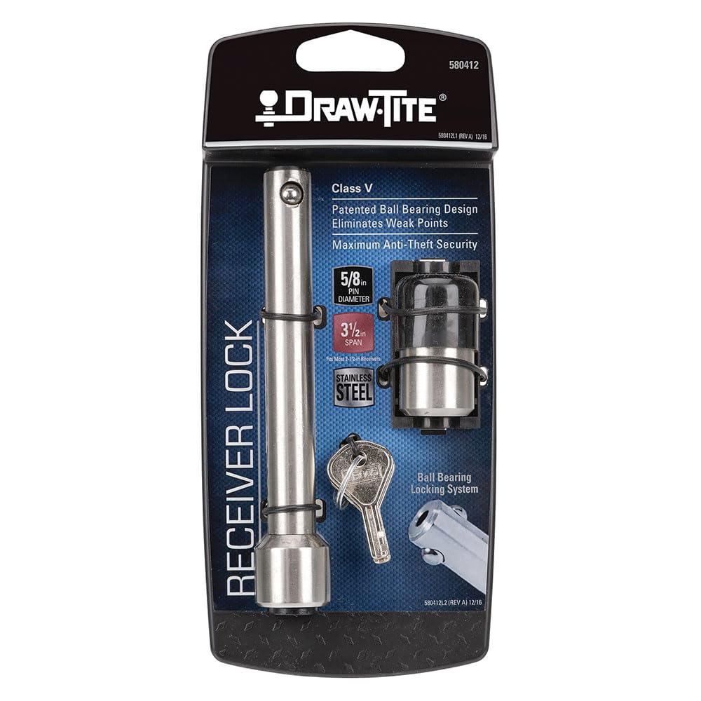 Trailer Hitch Lock Draw-Tite 580412, Fits 2-1/2 Inch Square Receiver, 5/8 Inch Pin Diameter, Dogbone Style, Stainless Steel