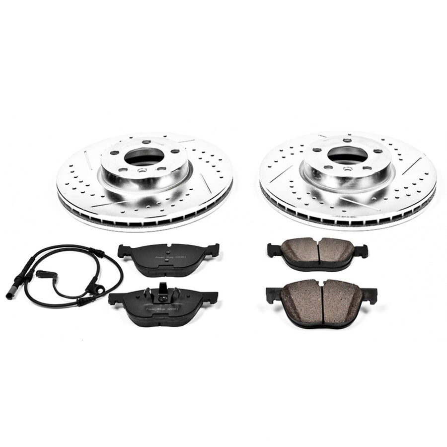 Power Stop K4693 Z23 Carbon Fiber Brake Pads Front with Drilled & Slotted Brake Rotors Kit and 1 Front Sensor Wire For BMW X5 2007-2010 [Model Specific]