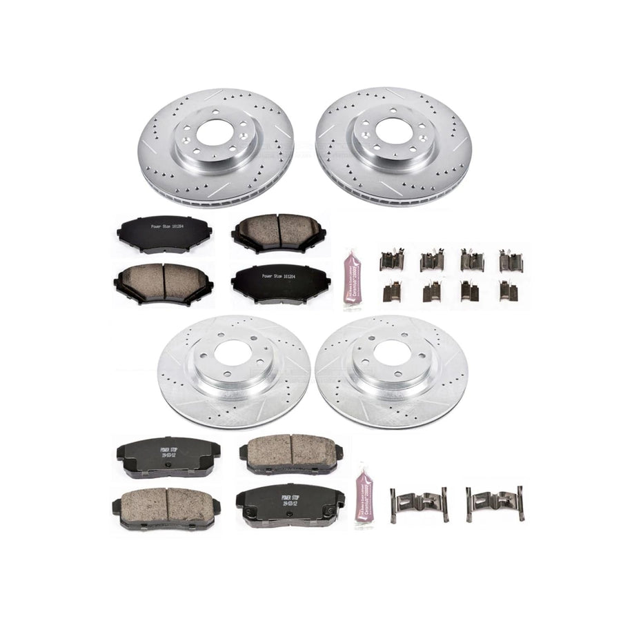 Power Stop K2725 Z23 Carbon Fiber Brake Pads Front and Rear with Drilled & Slotted Brake Rotors Kit For Mazda RX-8 2004-2008 [Model Specific]