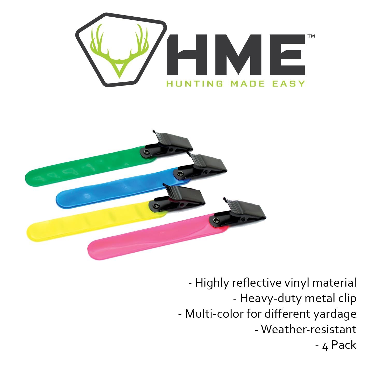 HME Weather-Resistant Highly Reflective Vinyl Multi-Color Archery Shooting Hunting Yardage Marker with Heavy-Duty Metal Clip - Pack of Four