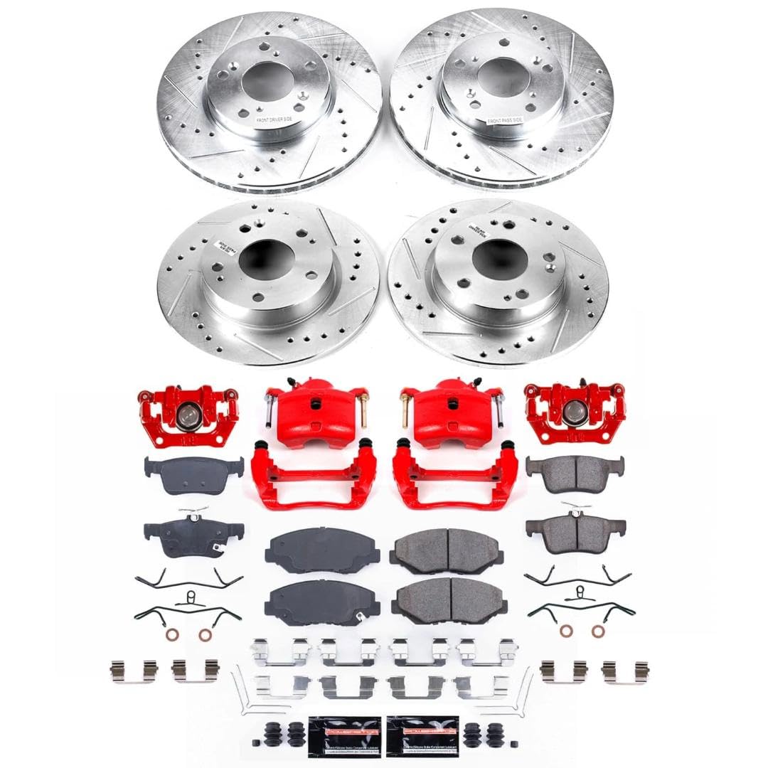 Power Stop Z23 Brake Pads and Rotors Front and Rear Brake Kit with Red Powder Coated Calipers For Honda Civic 2016-2021 [Application Specific]