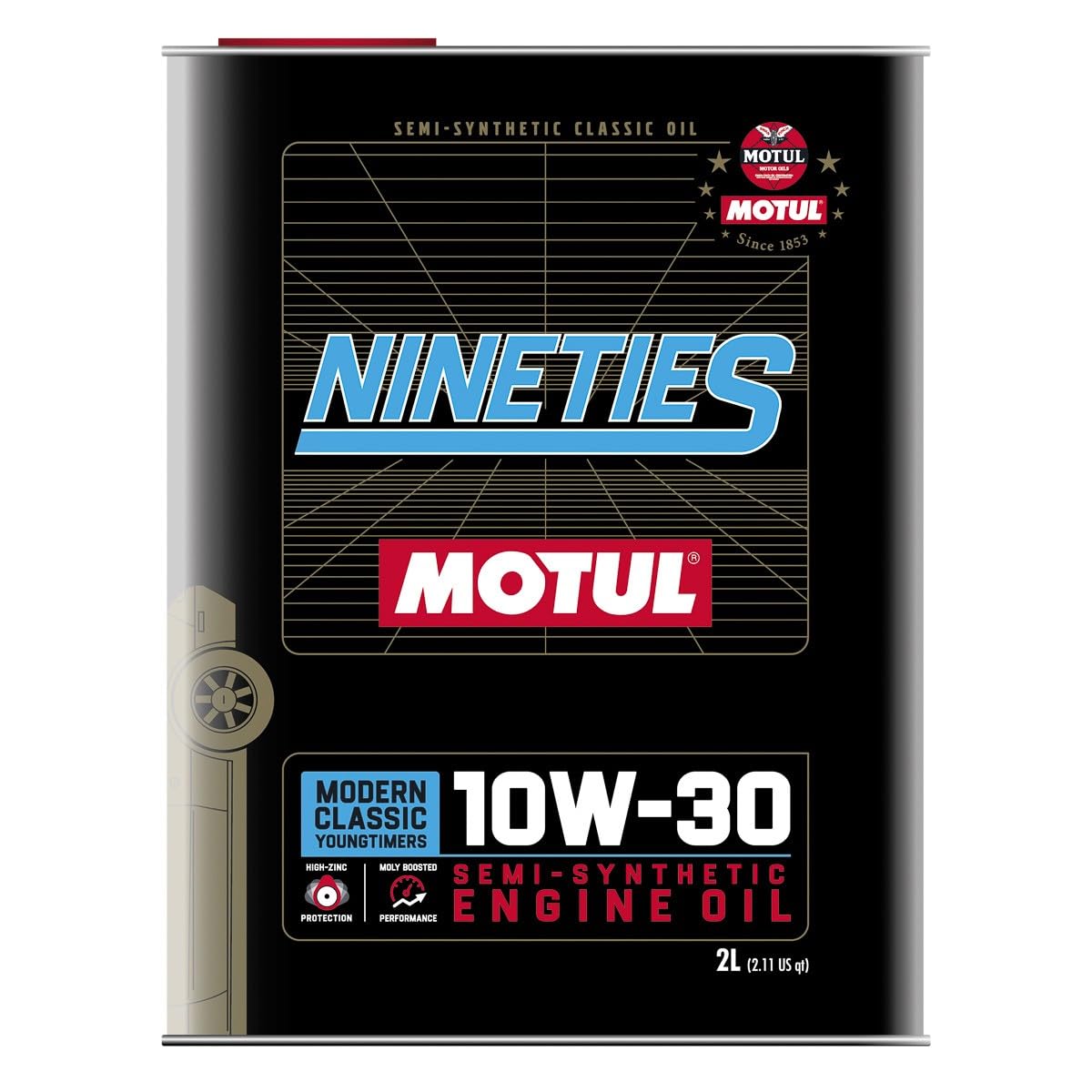MOTUL Semi Synthetic Motor Oil 10W30 Nineties for Modern Classic Engines 2 Liter Tin Can
