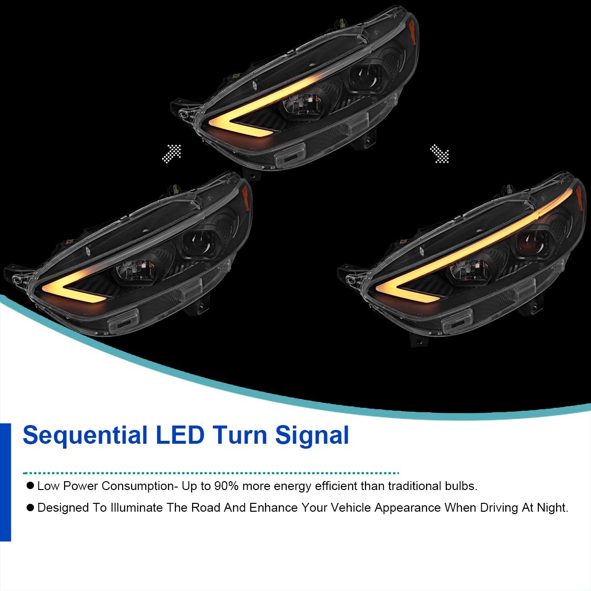 Black SPEC-D TUNING Projector Headlights w/Sequential Switchback LED Tube Signal Compatible with 2013-2016 Ford Fusion, Left + Right Pair Headlamp Assembly