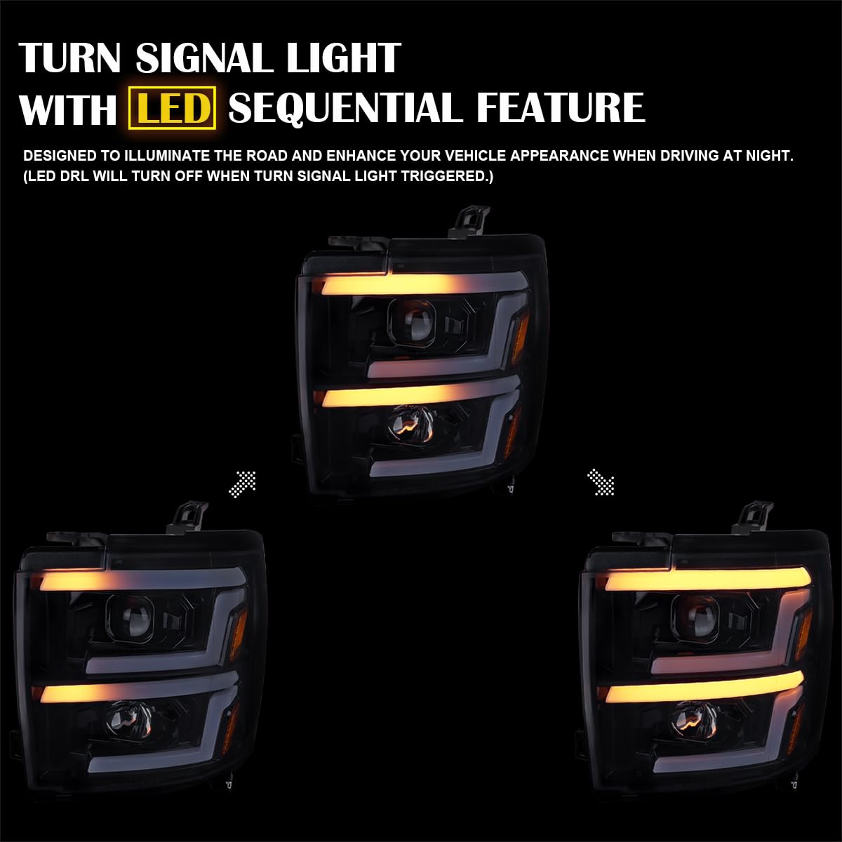 Glossy Black Smoke SPEC-D TUNING Projector Headlights w/Sequential Switchback LED Signal Lamps Compatible with 2015-2019 Chevy Silverado 2500HD 3500HD
