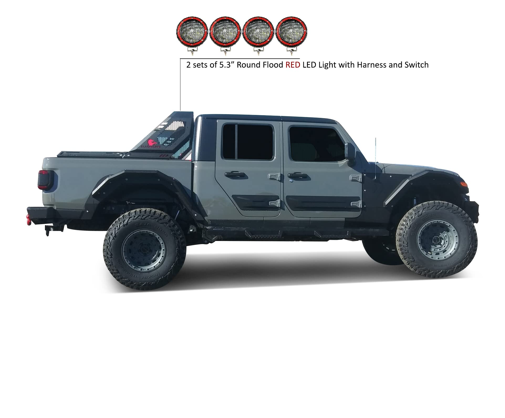 Vigor Black Horse Roll Bar Incl. Set of 5.3" Dia.Led Lights w/Red Trim Rings Modular Black Compatible with 2020-2024 Jeep Gladiator-VIRB09B-PLFR