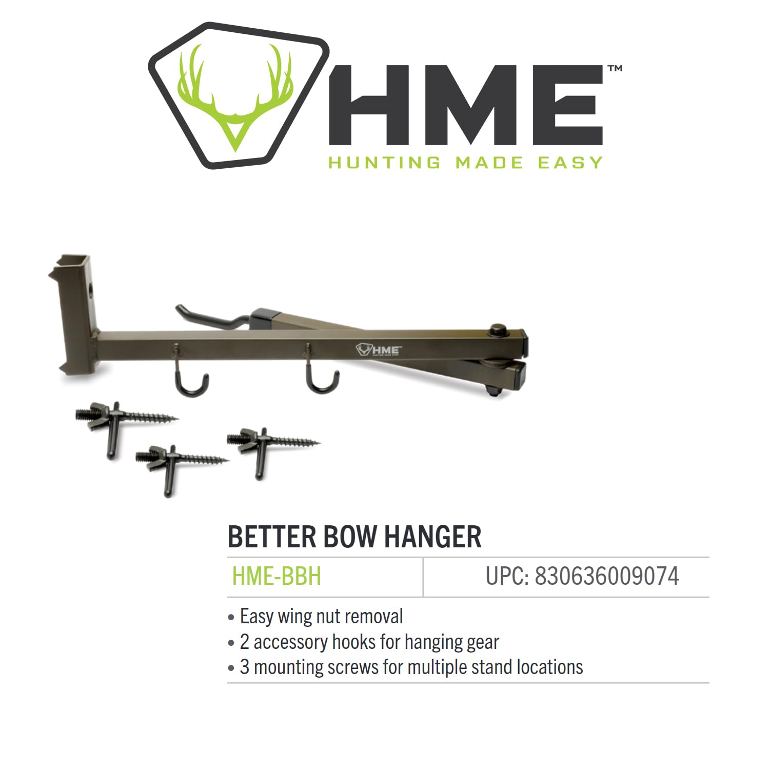 HME Easy-to-Attach High-Quality Secure Better Tree Stand Bow Hanger - Includes Two Accessory Hooks and Three Mounting Screws