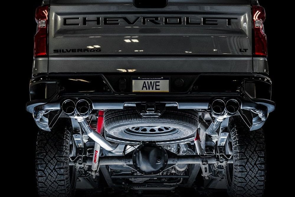 4th Gen AWE Tuning GM 1500 6.2L 0FG Catback Split Rear Exit (w/Bumper Cutouts) - Quad Chrome Tips - 3015-42203