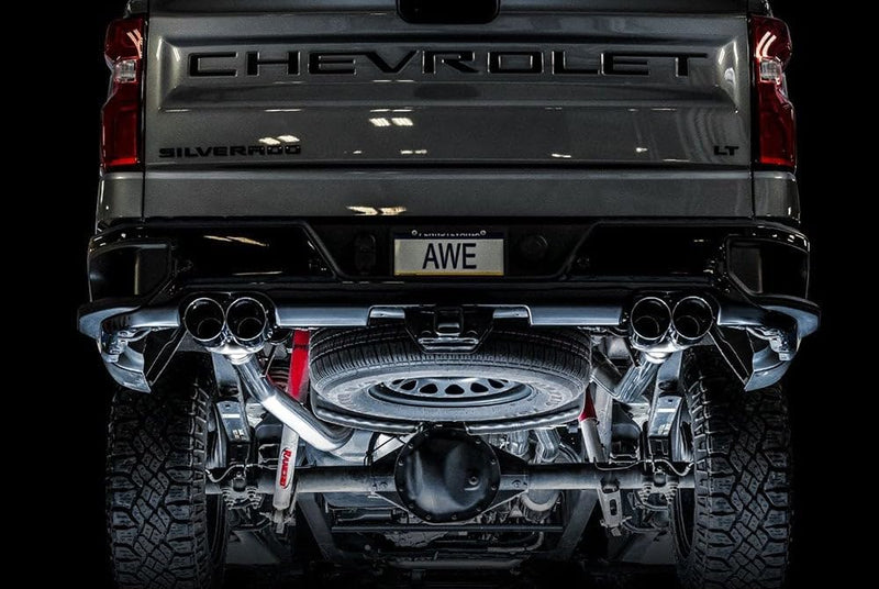 4th Gen AWE Tuning GM 1500 6.2L 0FG Catback Split Rear Exit (w/Bumper Cutouts) - Quad Chrome Tips - 3015-42203