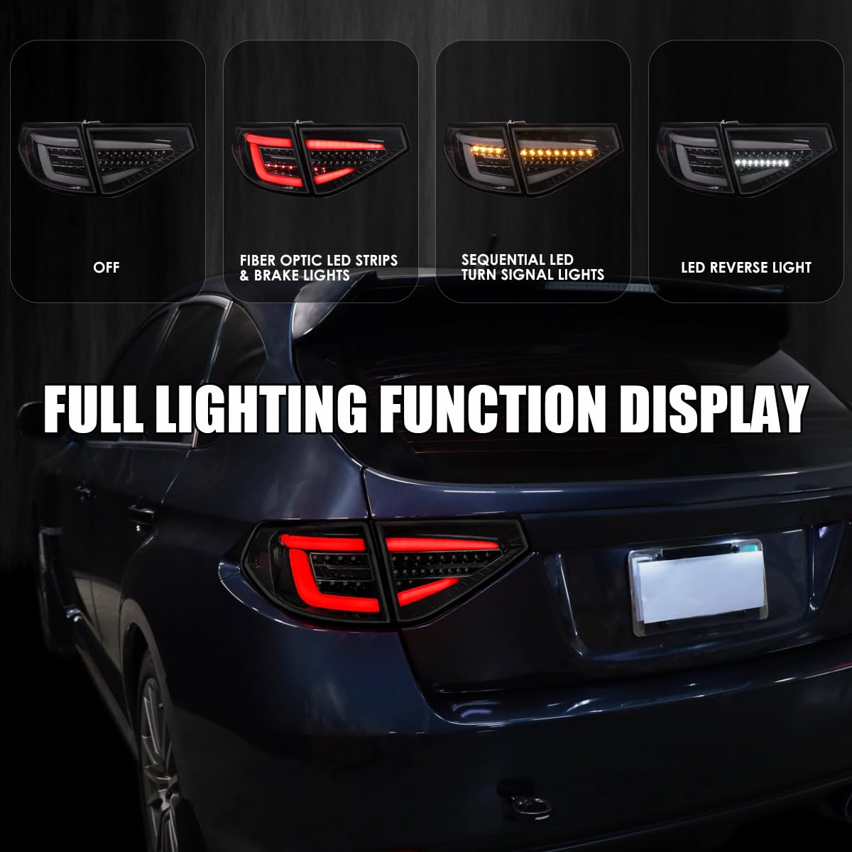 Black Smoke SPEC-D TUNING Sequential Tail Lights w/White LED Bar Compatible with 2008-2014 Subaru Impreza WRX Hatchback, Left + Right Pair Assembly