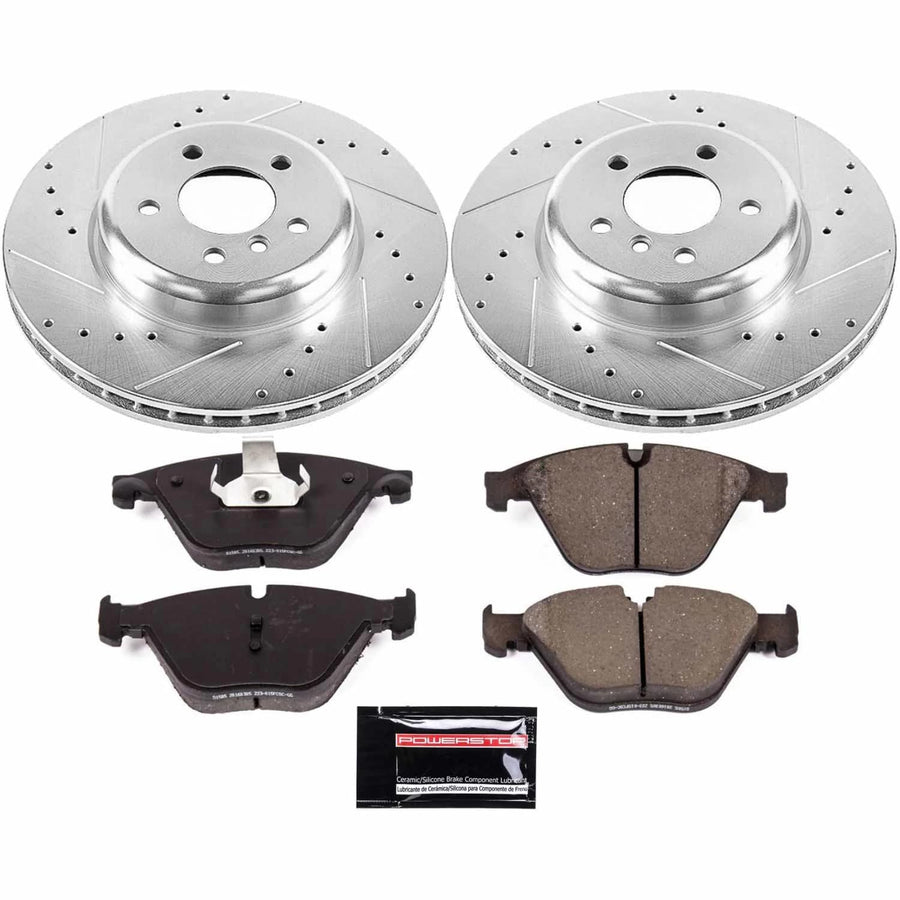 Power Stop K6581 Z23 Carbon Fiber Brake Pads with Drilled & Slotted Brake Rotors Kit and 1 Front Sensor Wire For BMW 535i xDrive 2011 [Model Specific]