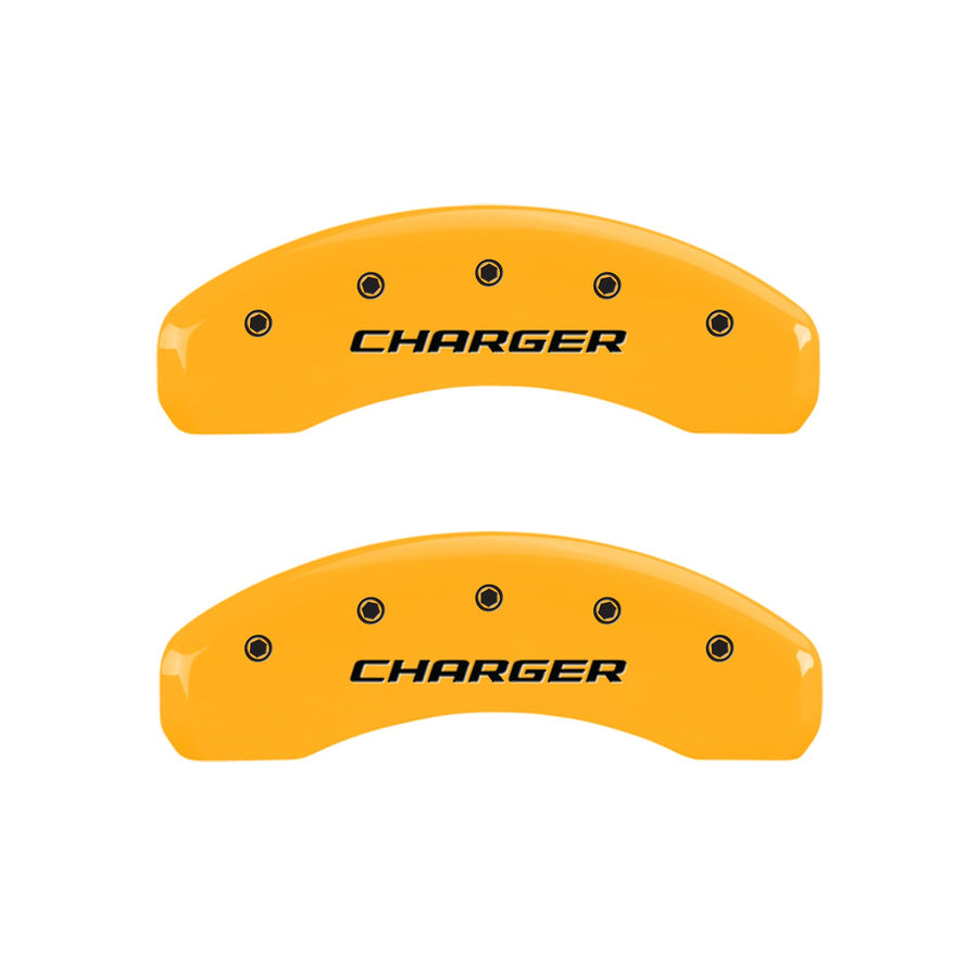 MGP 12088SCHBYL Caliper Covers Yellow (Set of 4, Engraved Front and Rear: Block/Charger, Yellow powder coat finish, black characters)