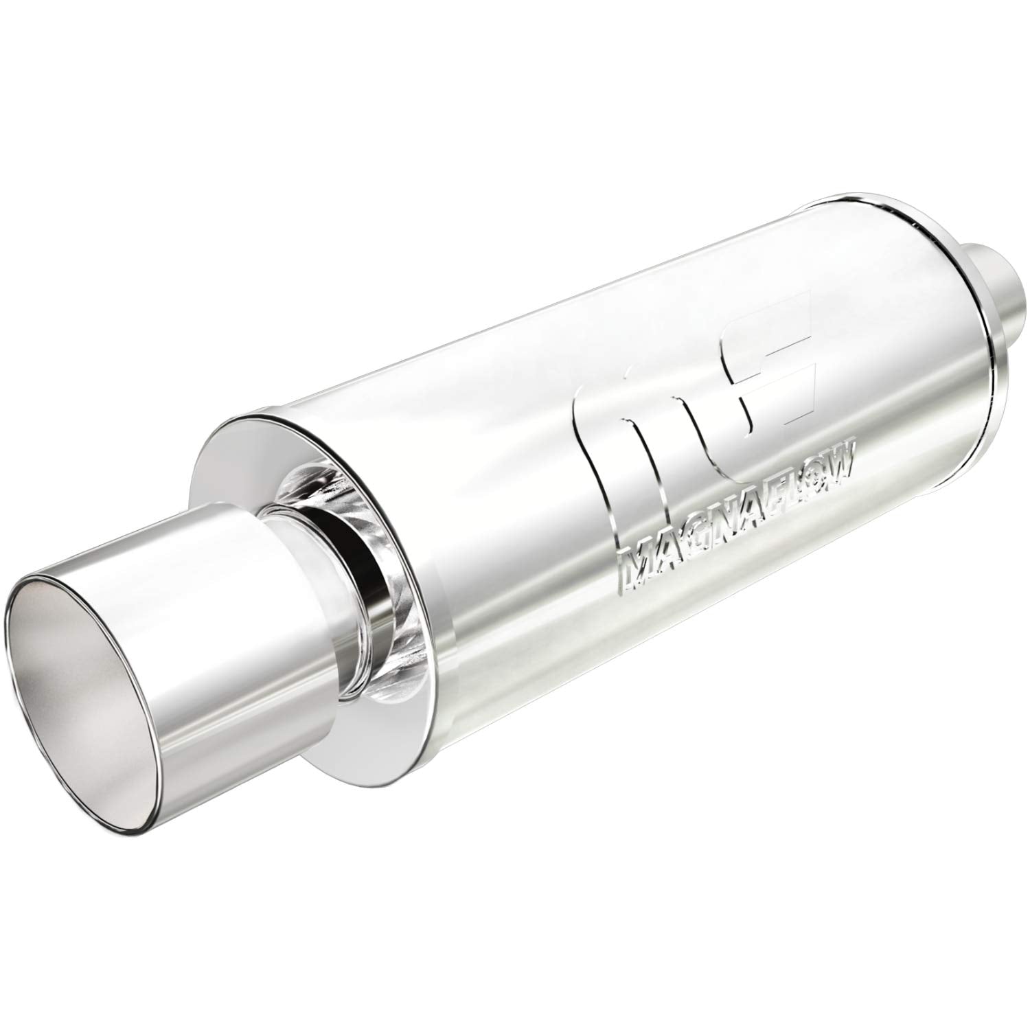 Performance MagnaFlow Exhaust Muffler 14817: 2.25"/4" Inlet/Outlet, 6x6x14" Round, Stainless Steel, Brushed Finish