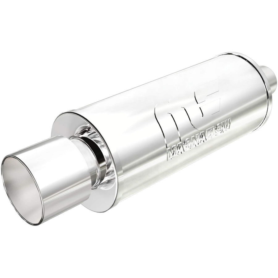 Performance MagnaFlow Exhaust Muffler 14817: 2.25"/4" Inlet/Outlet, 6x6x14" Round, Stainless Steel, Brushed Finish