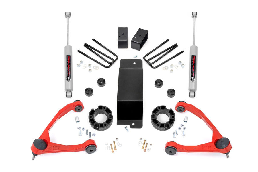 Rough Country 3.5" Lift Kit with Strut Spacers/N3 Rear Shocks for GMC Sierra & Chevy Silverado 1500 (2007-2016) - Red Control Arms