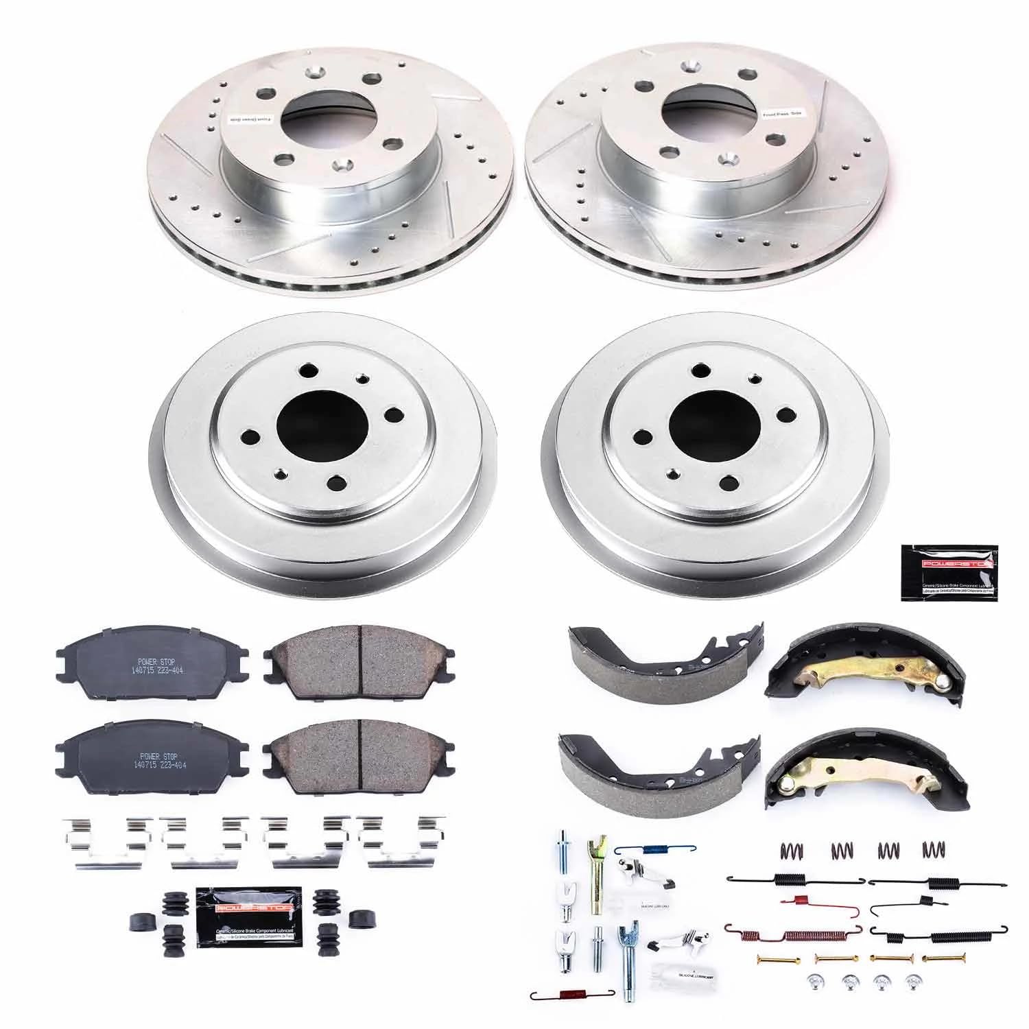 Power Stop K15196DK Z23 Carbon Fiber Brake Pads Front and Rear with Drilled & Slotted Brake Drums Kit For Hyundai Accent 2003 [Model Specific]
