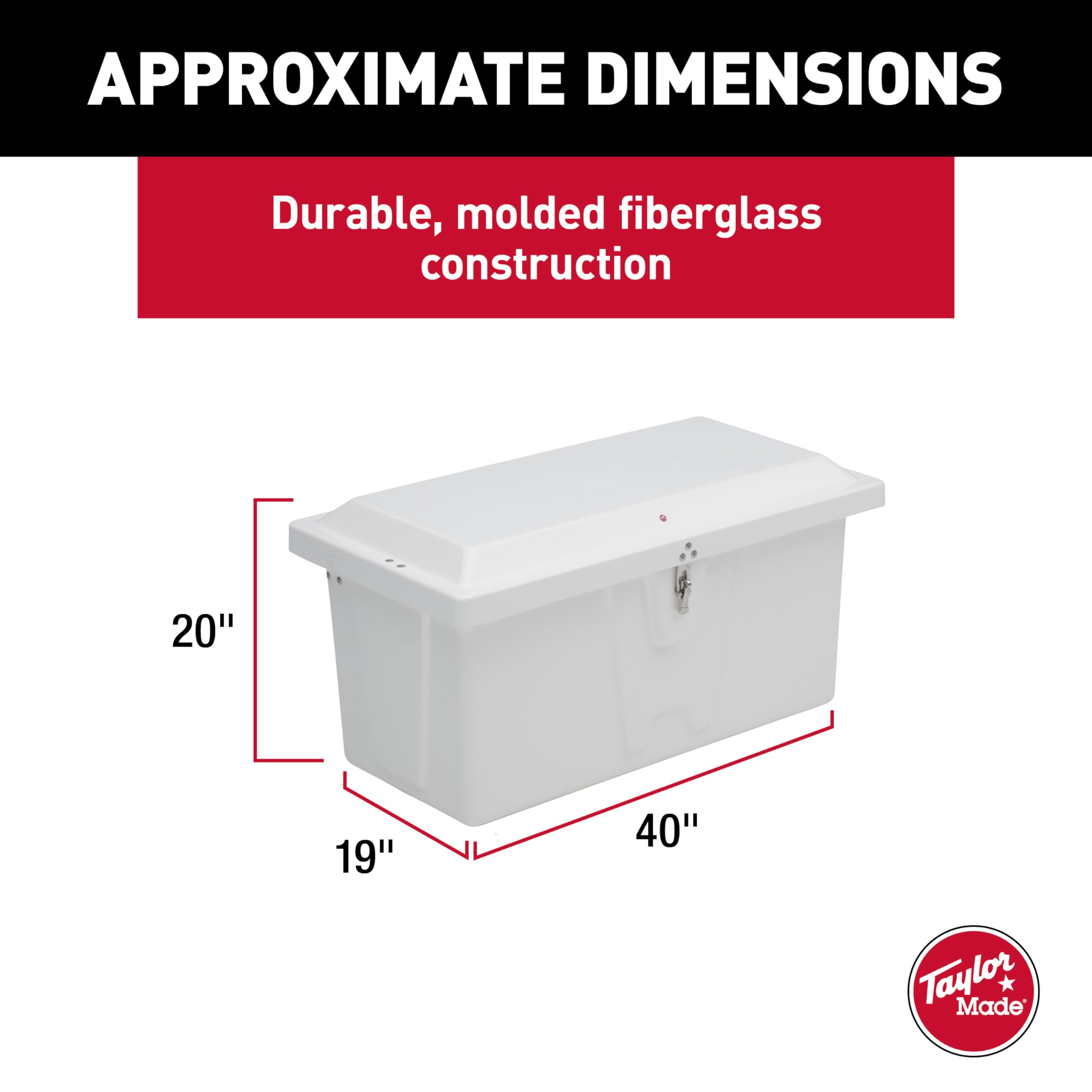 Taylor Made Low-Profile Stow 'N Go Fiberglass Dock Box, White (20" H x 40" W x 19" D) – Fiberglass construction, UV gelcoat finish, stainless steel lockable latch and hardware – 2020108640