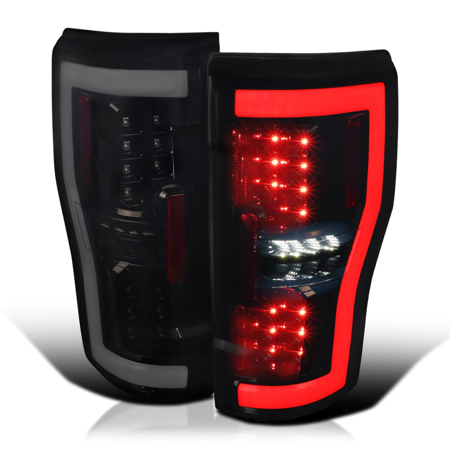 Glossy Black Smoke LED Tail Lights SPEC-D TUNING w/White LED Tube Compatible with 2017-2019 Ford F250/350/450/550, Left + Right Pair Tail Lamp Assembly