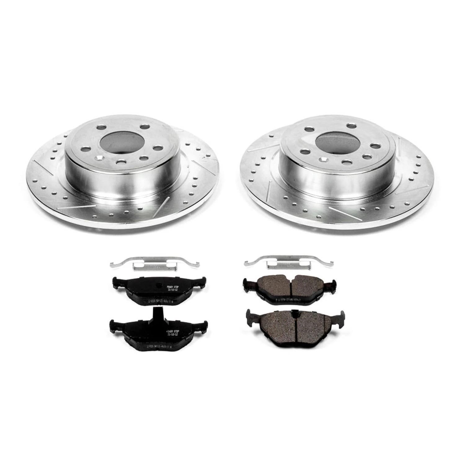 Power Stop K3080 Rear Brake Pads Z23 Carbon Fiber with Drilled & Slotted Brake Rotors Kit For Saab 9-5 1999 [Vehicle Specific]