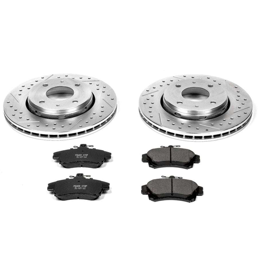 Power Stop K911 Z23 Carbon Fiber Brake Pads with Drilled & Slotted Brake Rotors Kit For Volvo S40 2000-2004, Volvo V40 2000-2004 [Model Specific]