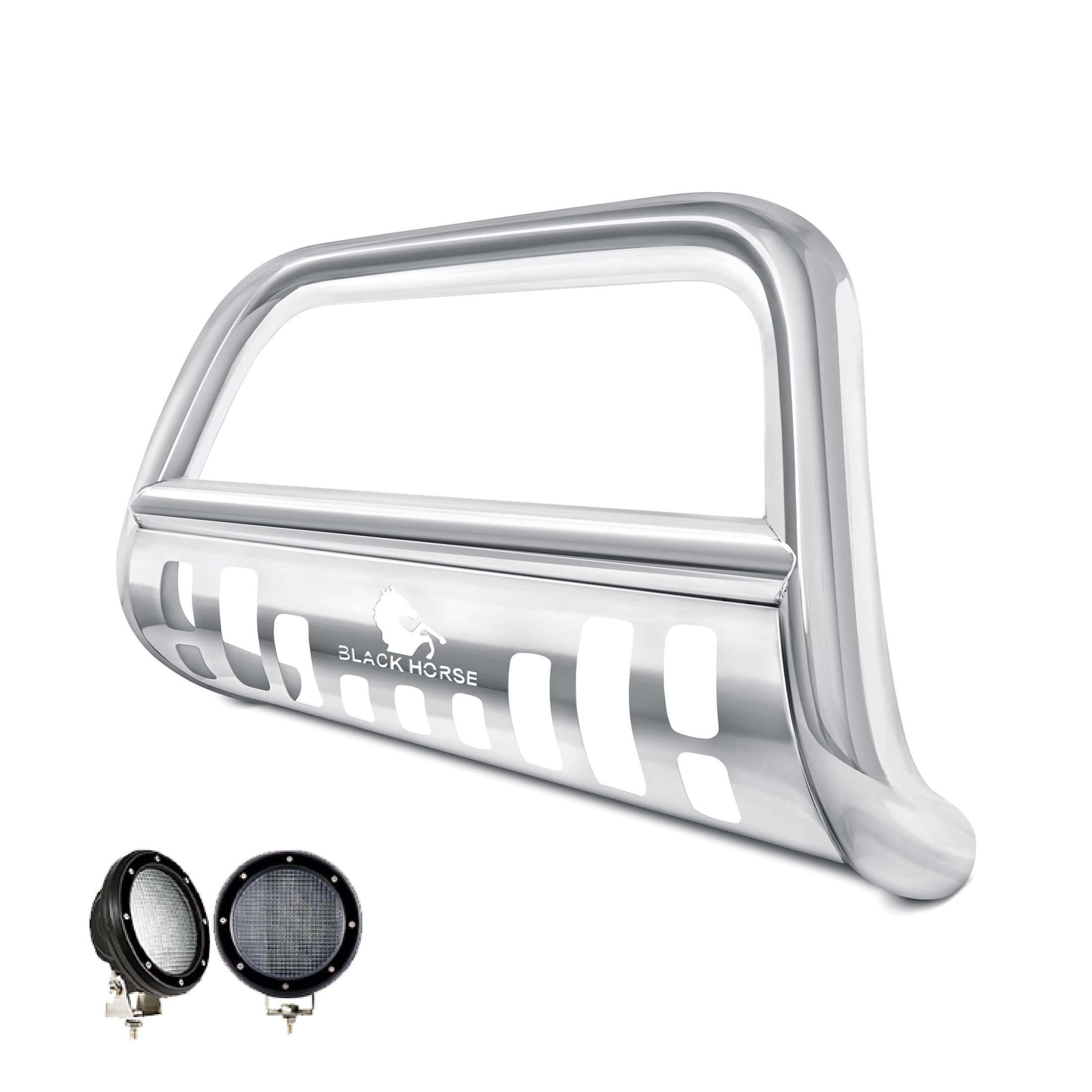 Bull Bar Black Horse Skid Plate Stainless Steel Come with Pair of 5.3" Dia. LED Flood Lights w/Black Trim Rings Compatible with 2017-2024 Nissan Titan (Excluding XD Models)-BB11327-SP-PLFB