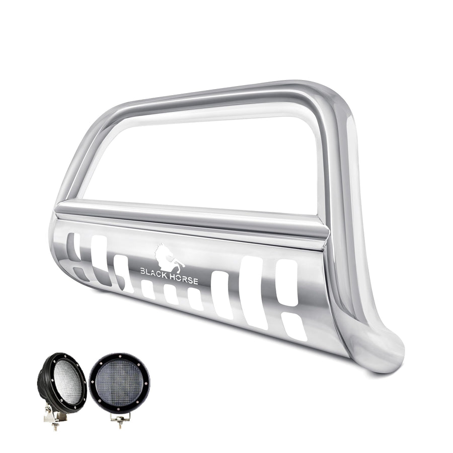 Bull Bar Black Horse Skid Plate Stainless Steel Come with Pair of 5.3" Dia. LED Flood Lights w/Black Trim Rings Compatible with 2000-2004 Nissan Frontier|2000-2004 Nissan Xterra-CBS-NIB1401SP-PLFB