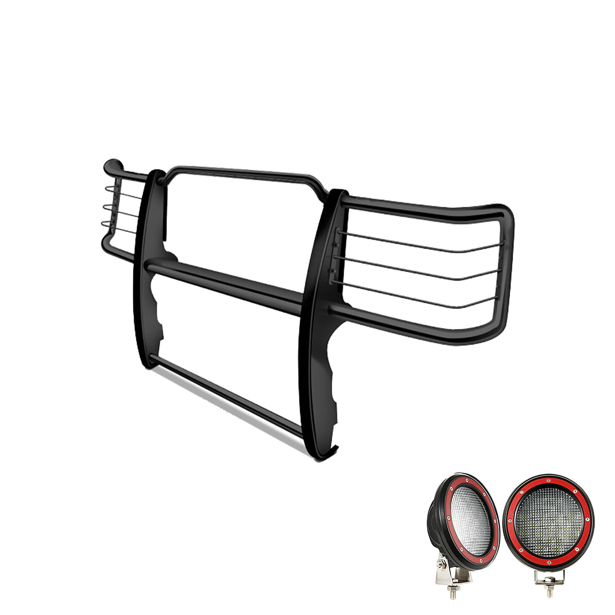Black Horse Grille Brush Bumper Guard Black Modular Come with Pair of 5.3" Dia.LED Lights with Red Trim Rings Compatible with 2015-2019 Silverado 2500 HD|2015-2019 Silverado 3500 HD-17GT28MA-PLFR