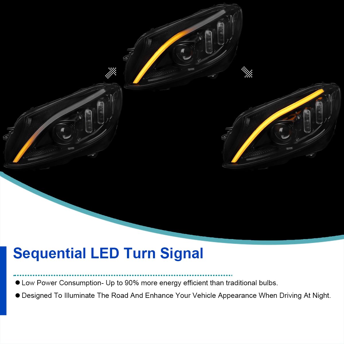 Jet Black SPEC-D TUNING Projector Headlights w/Switchback LED Strips and Sequential Turn Signal Compatible with 2015-2018 Mercedes-Benz C-Class W205