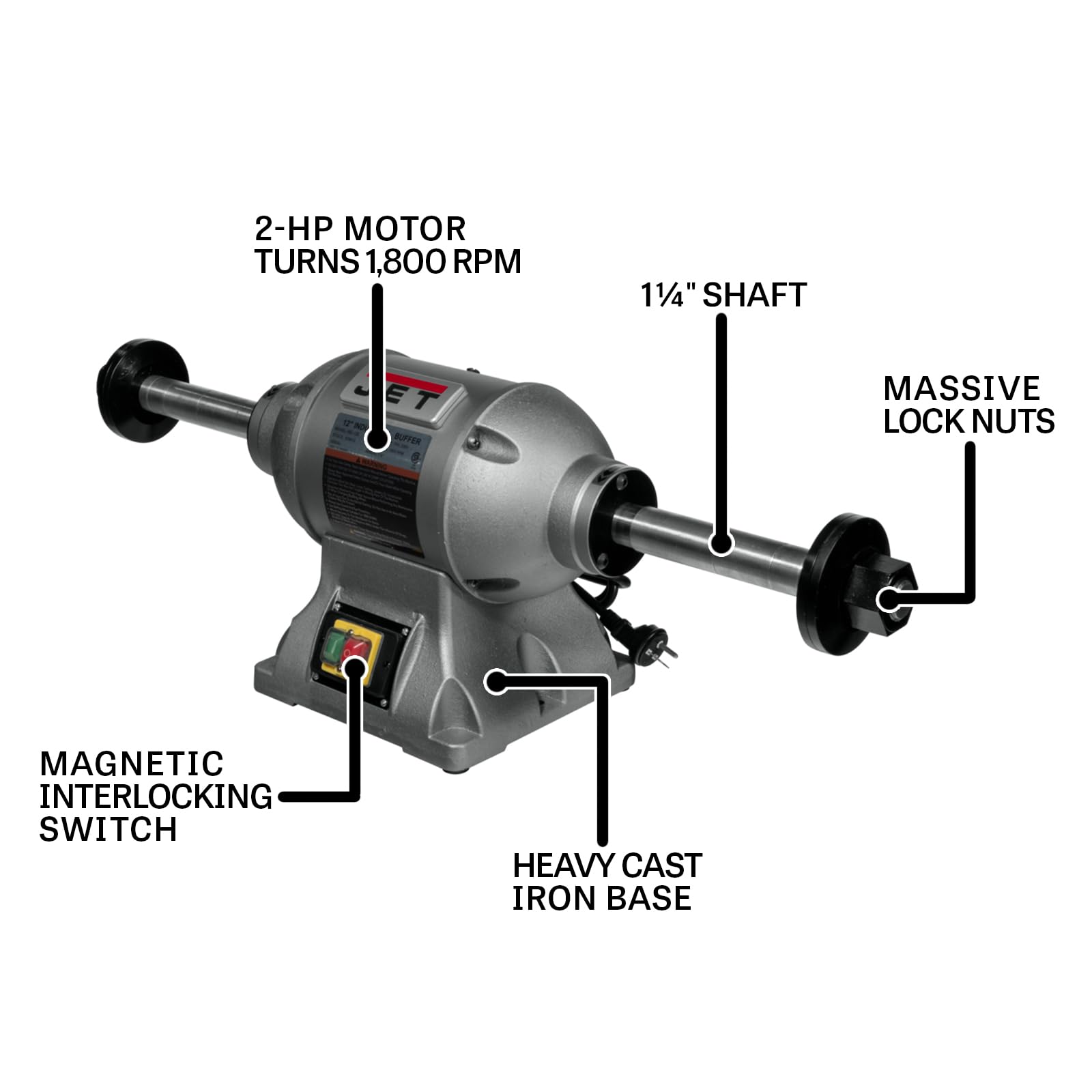 JET 12-Inch Buffer Industrial, 1800 RPM, 2 HP, 230V 1Ph (Model IBG-12SSB)