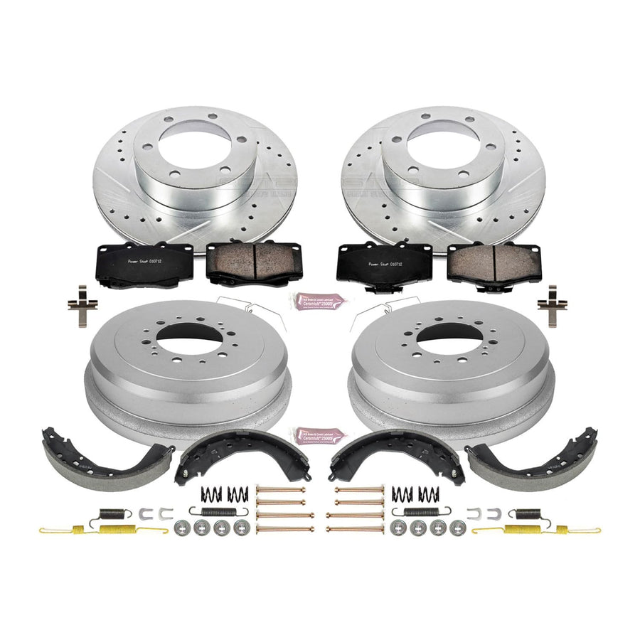 Power Stop K15213DK Z23 Carbon Fiber Brake Pads Front and Rear with Drilled & Slotted Brake Drums Kit For Toyota 4Runner 2001-2002, Toyota Tacoma 2004 [Model Specific]