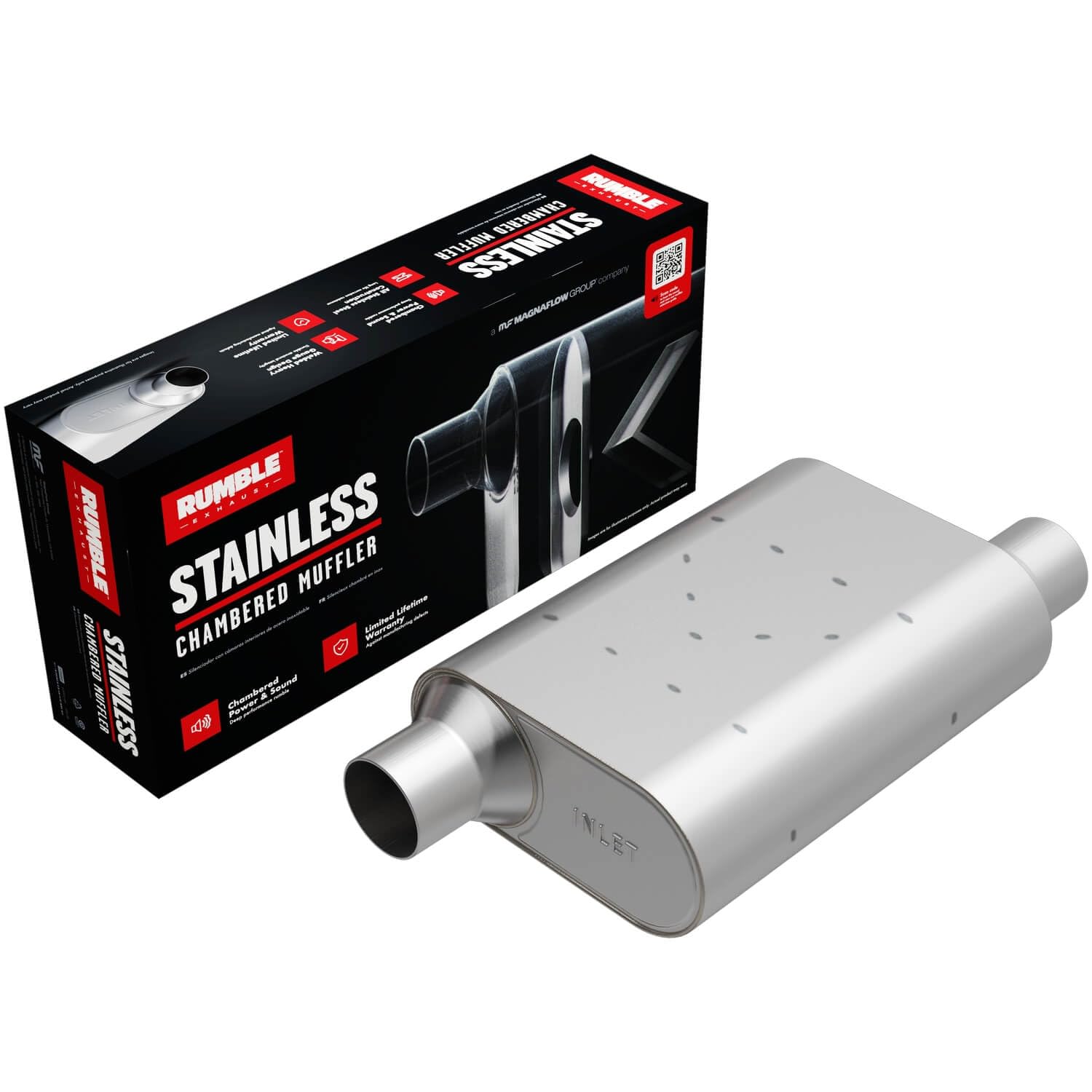 Rumble Chambered Exhaust Performance Muffler R33043: Offset/Offset, 3" / 3" Inlet/Outlet, 4.25 x 9.5 x 13 Oval, Stainless Steel, Classic American Muscle Sound